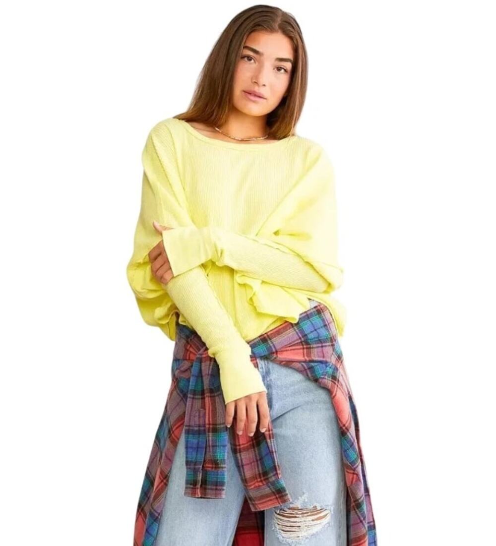 We The Free Microphone Drop Thermal Knit Top Lemon Grass Size M Free People
